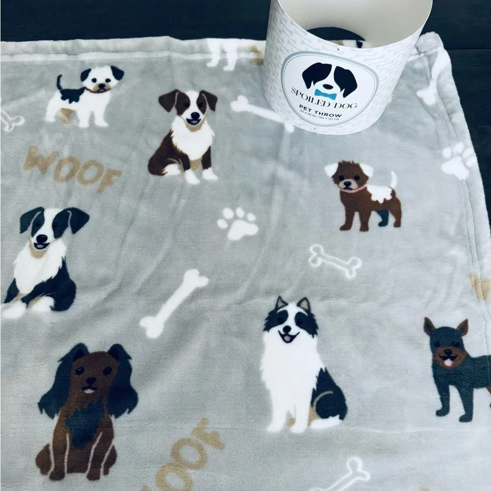 Plush Adorable Puppy Dogs Print Neutral Gray Rolled Pet Throw Blanket